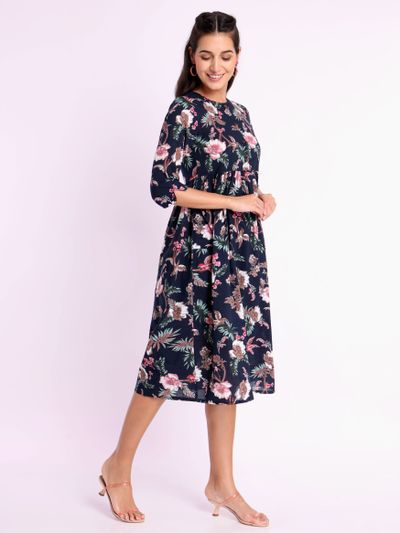 Varanga Floral Print Mandarin Collar Crepe A-Line Midi Dress