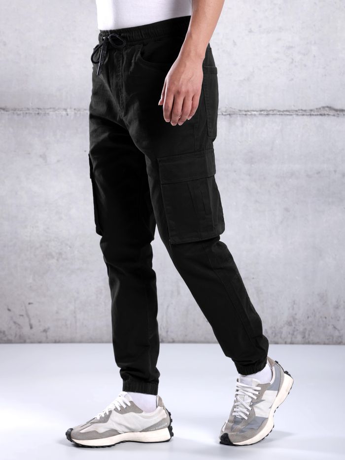 ASOS DESIGN pull on slim cargo pants in black with white stitch | ASOS