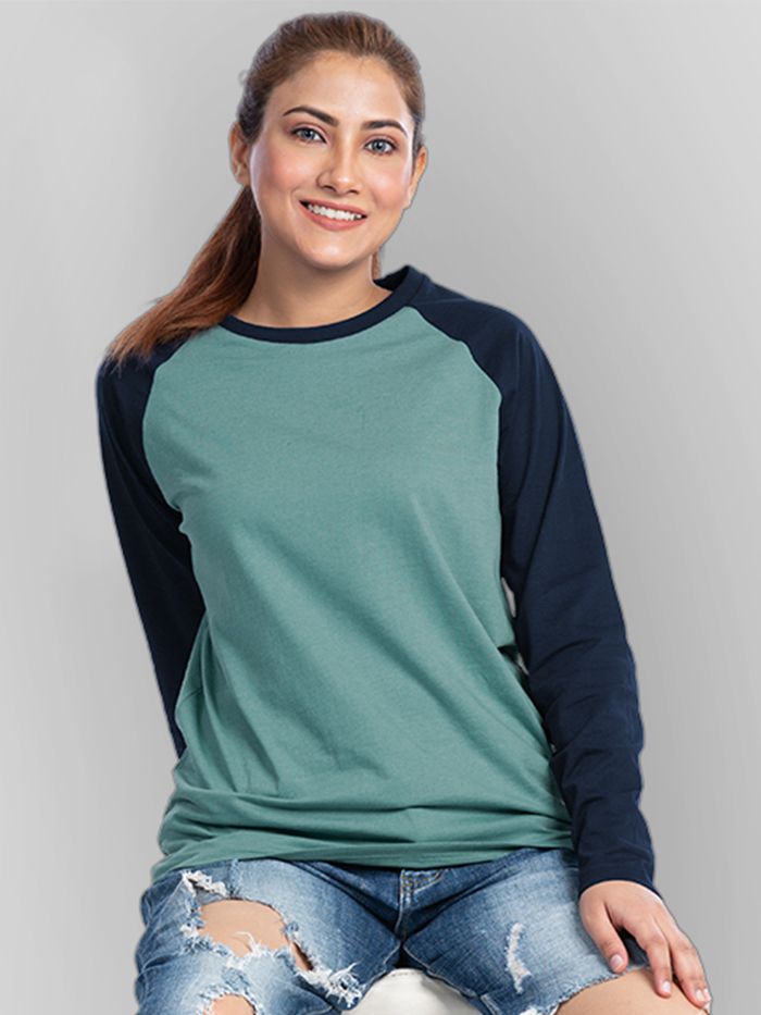 Mysterious Teal Green Raglan Women Full Sleeves T-shirt