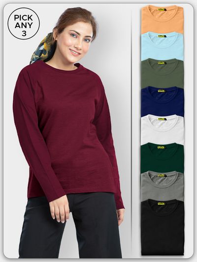 Buy Pick Any 3 - Women Plain Full Sleeve T-shirt Combo