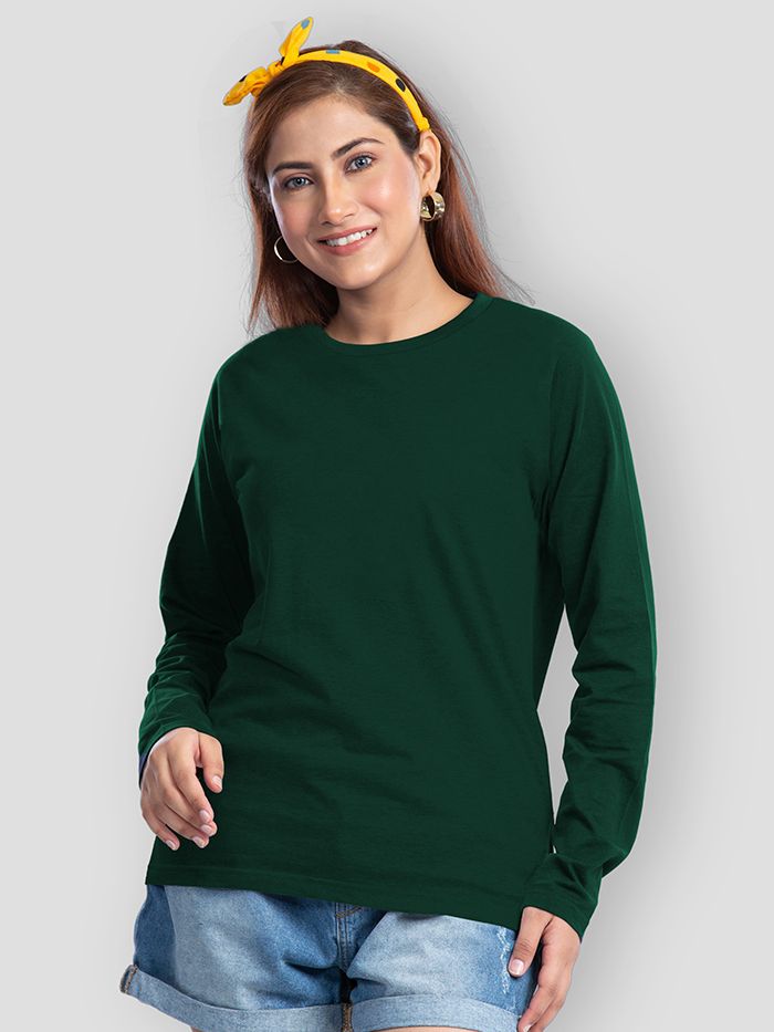 Plain Bottle Green Women Full Sleeves T-shirt