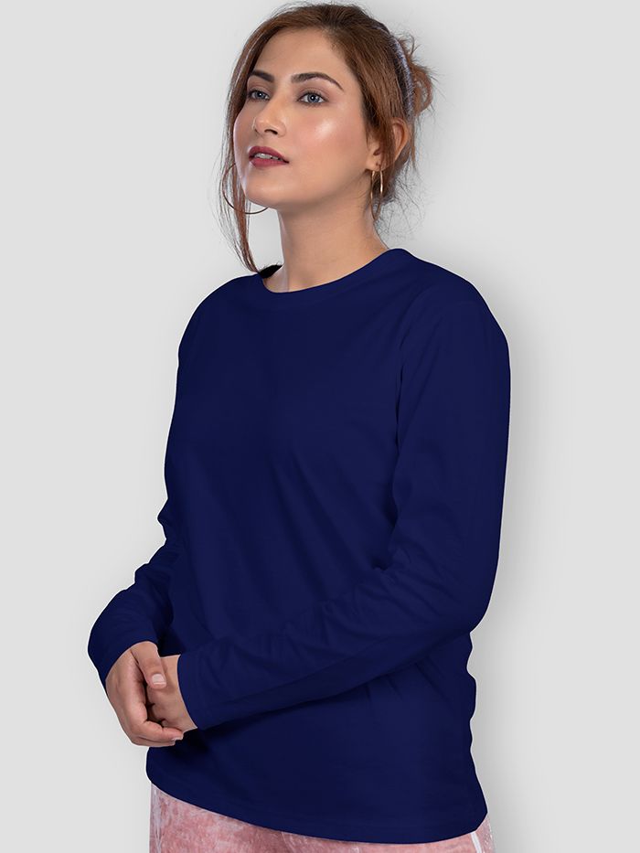 Plain Navy Blue Women Full Sleeves T-shirt
