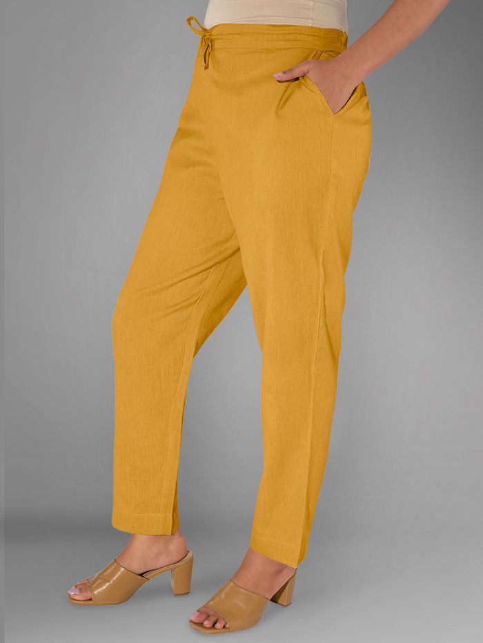 Buy Mustard-yellow Solid Straight-Fit Cotton Pant Online in India -Beyoung