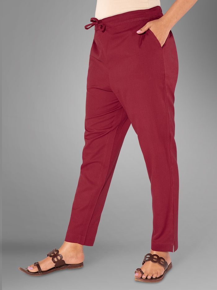 Buy Red Solid Straight-Fit Cotton Pant Online in India -Beyoung