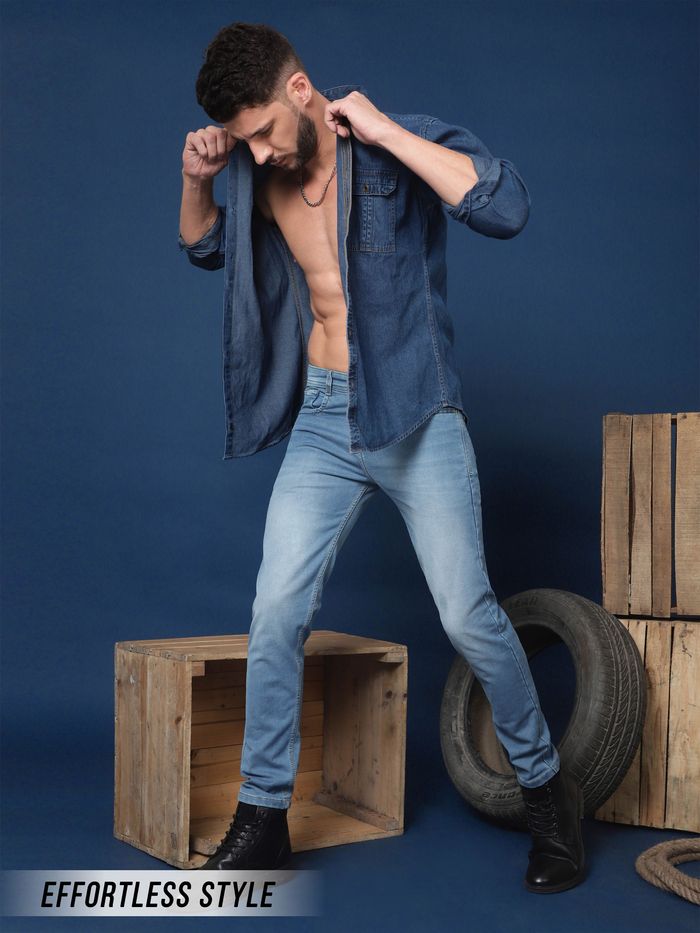 Male Model In Denim Jeans . Studio Shoot. Stock Photo, Picture and Royalty  Free Image. Image 73594931.