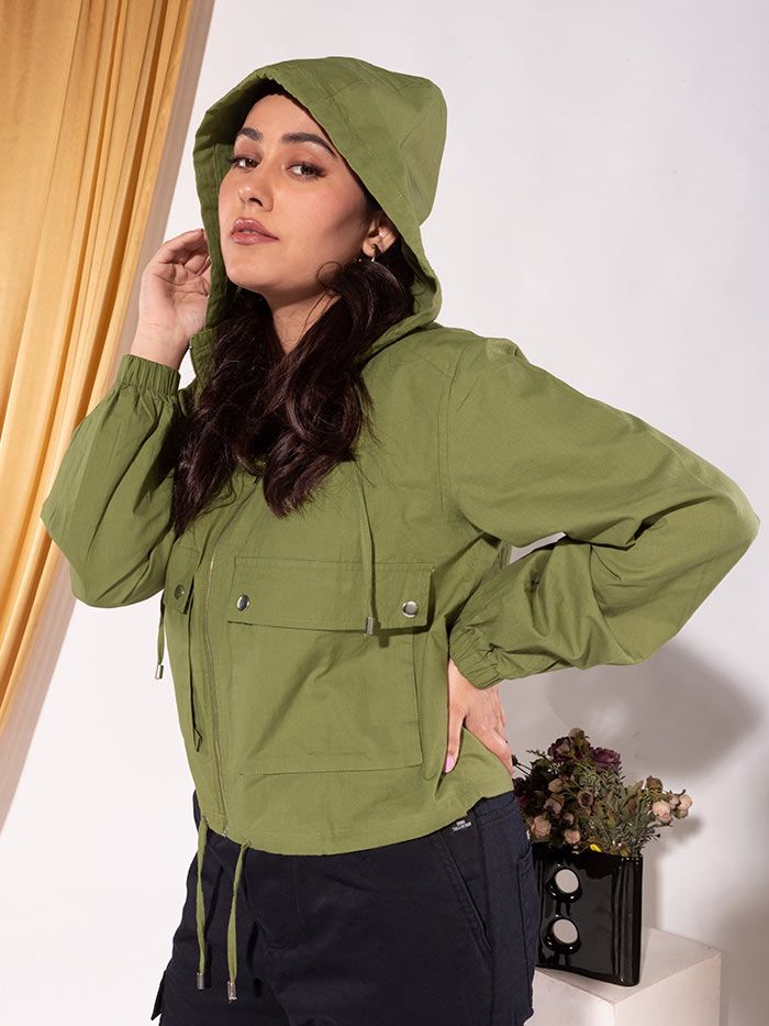 Moss Green Easy Fit Cotton Jacket For Women