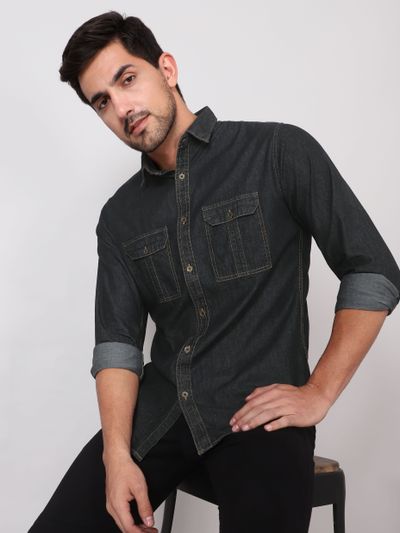 denim shirt with black jeans