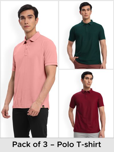 Buy Pack of 3-Polo T-shirts Combo French Wine,Lush Green,Rose Pinky Online