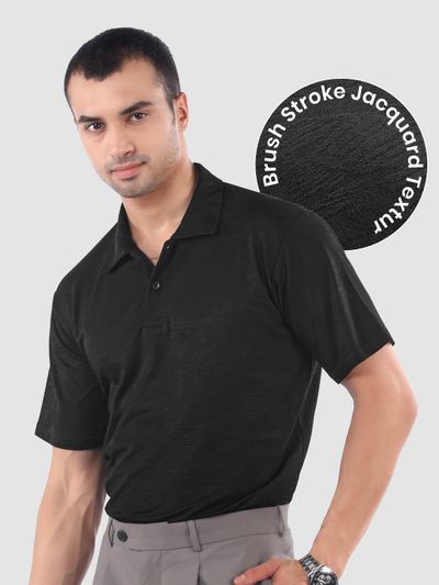 Black Brush Stroke Jacquard Textured Polo T-Shirt