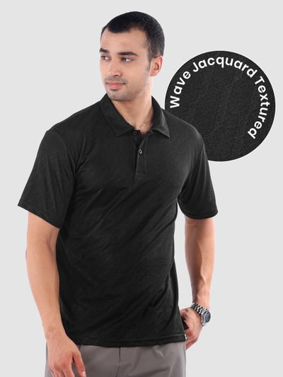 Black Wave Jacquard Textured Polo T-Shirt