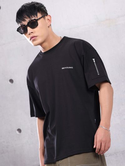 Buy Black Zip Sleeved Oversized T-shirt for Men Online in India - Beyoung
