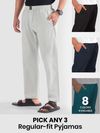 Mens pyjama pants with regular fit in different colors with text &quot;Pick any 3&quot; and &quot;8 colors available.&quot;