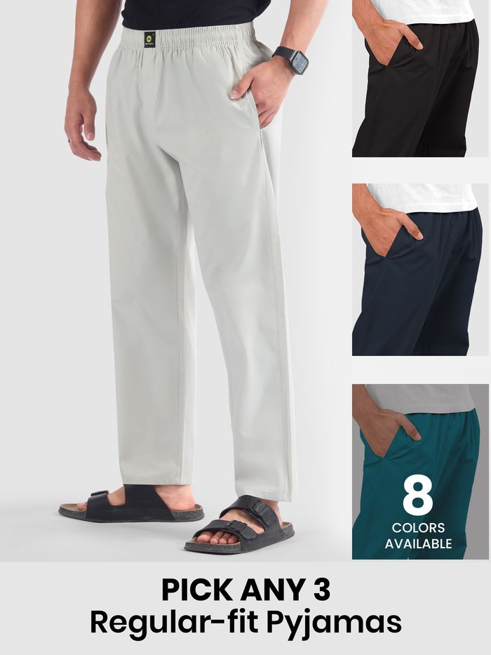 Mens pyjama pants with regular fit in different colors with text &quot;Pick any 3&quot; and &quot;8 colors available.&quot;