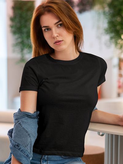 Photo of a sexy young woman wearing a blank white shirt and black