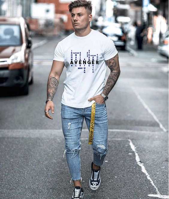 T shirt and cheap ripped jeans