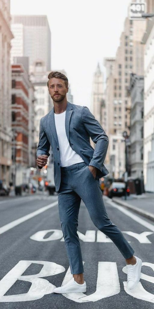 suit with high top sneakers