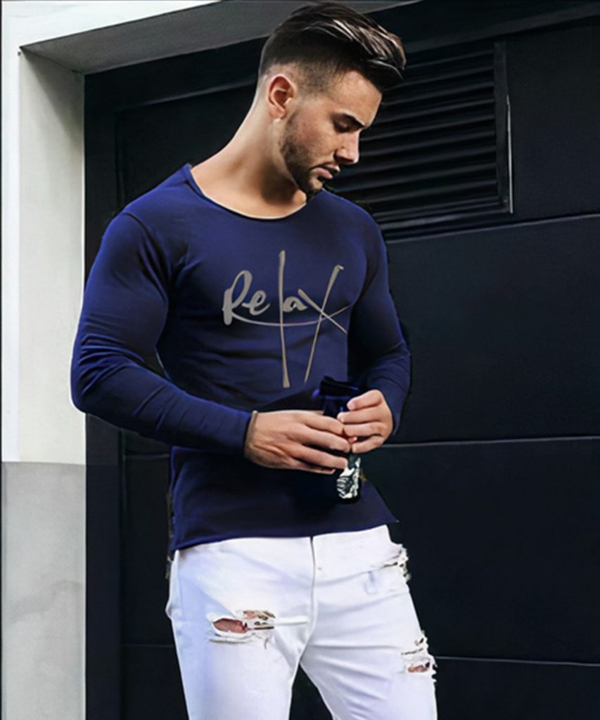 Printed Full Sleeve T Shirt with Rugged Jeans:
