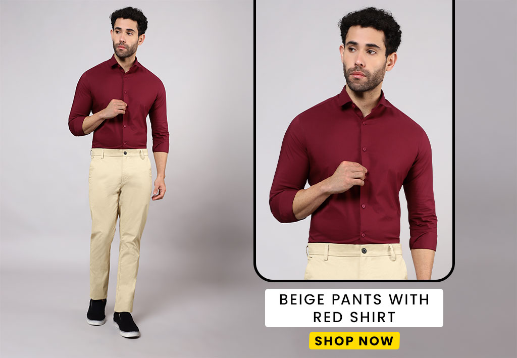 Red shirt combination with Beige Pants Wedding style Combination