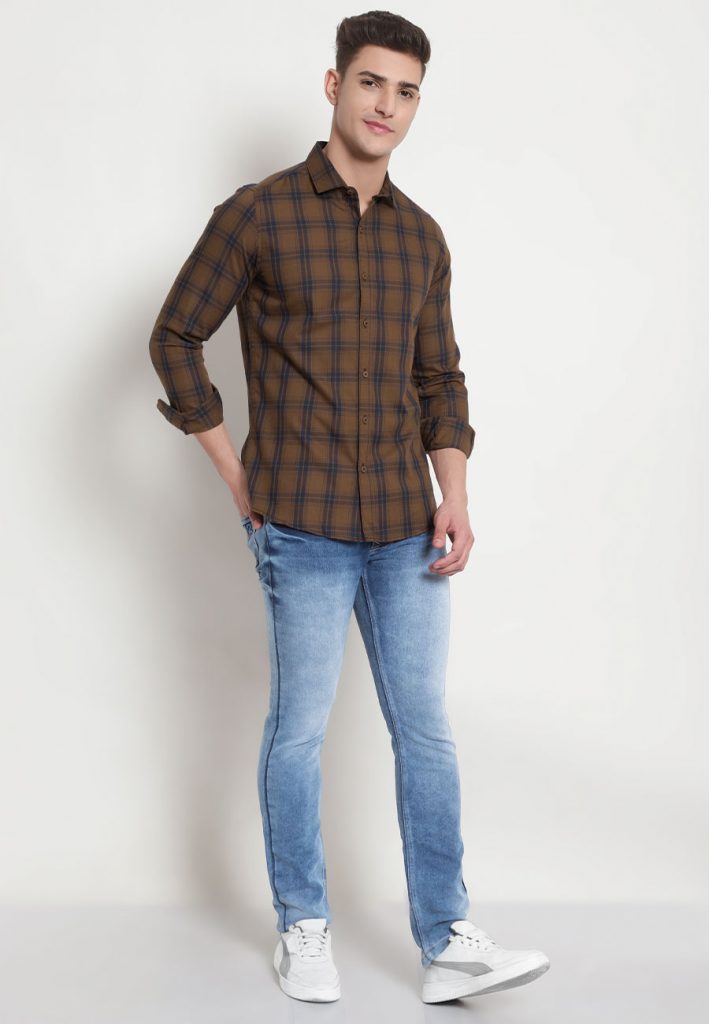 Dark blue jeans matching rust navy checks shirt