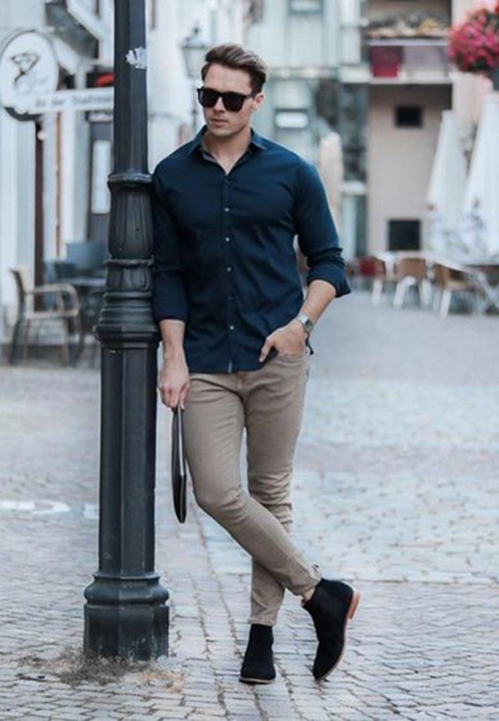 Can I wear a dark blue shirt with cream colour pants and brown loafers? -  Quora