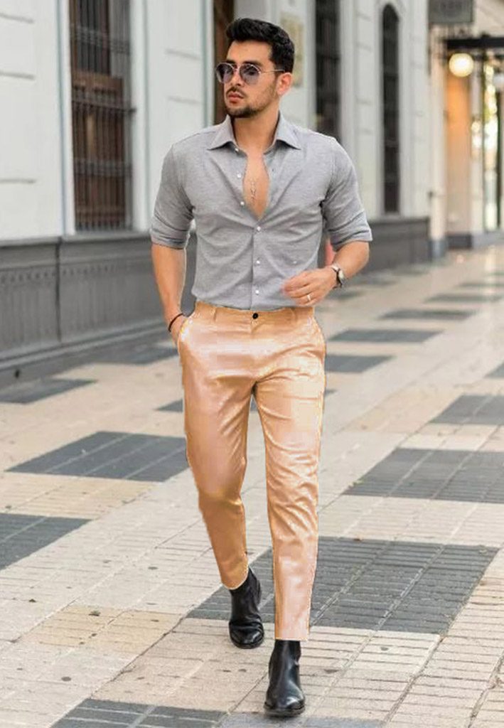 Brown pants with Grey Shirt