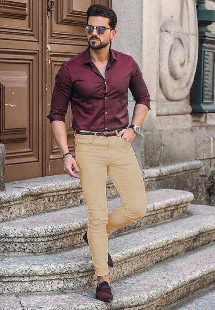 Burgundymaroon shirt with Light Brown Pant