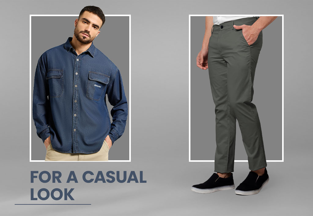 Blue Denim Shirt with Grey Chino Pants Combination Style